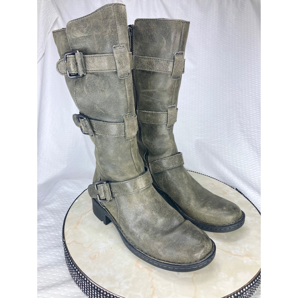 Born Distressed Leather Triple Buckle Moto Boots Women 7 Gray Green Biker Grunge